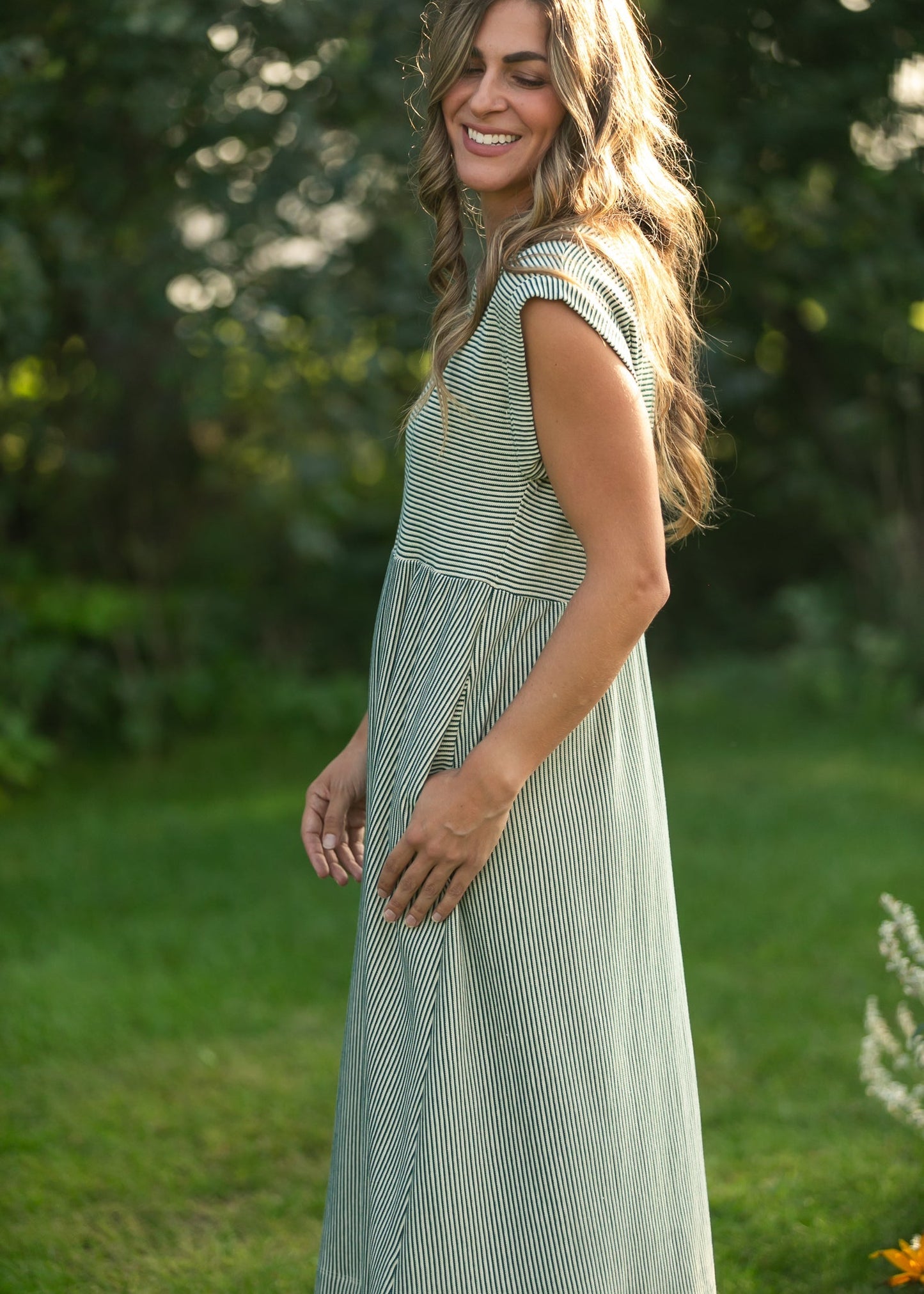 Olivia Green A-line Striped  Midi Dress