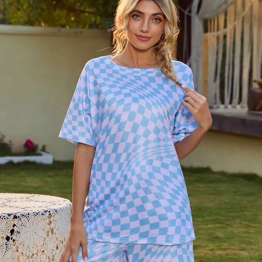 Plaid Round Neck Top and Shorts Lounge Set