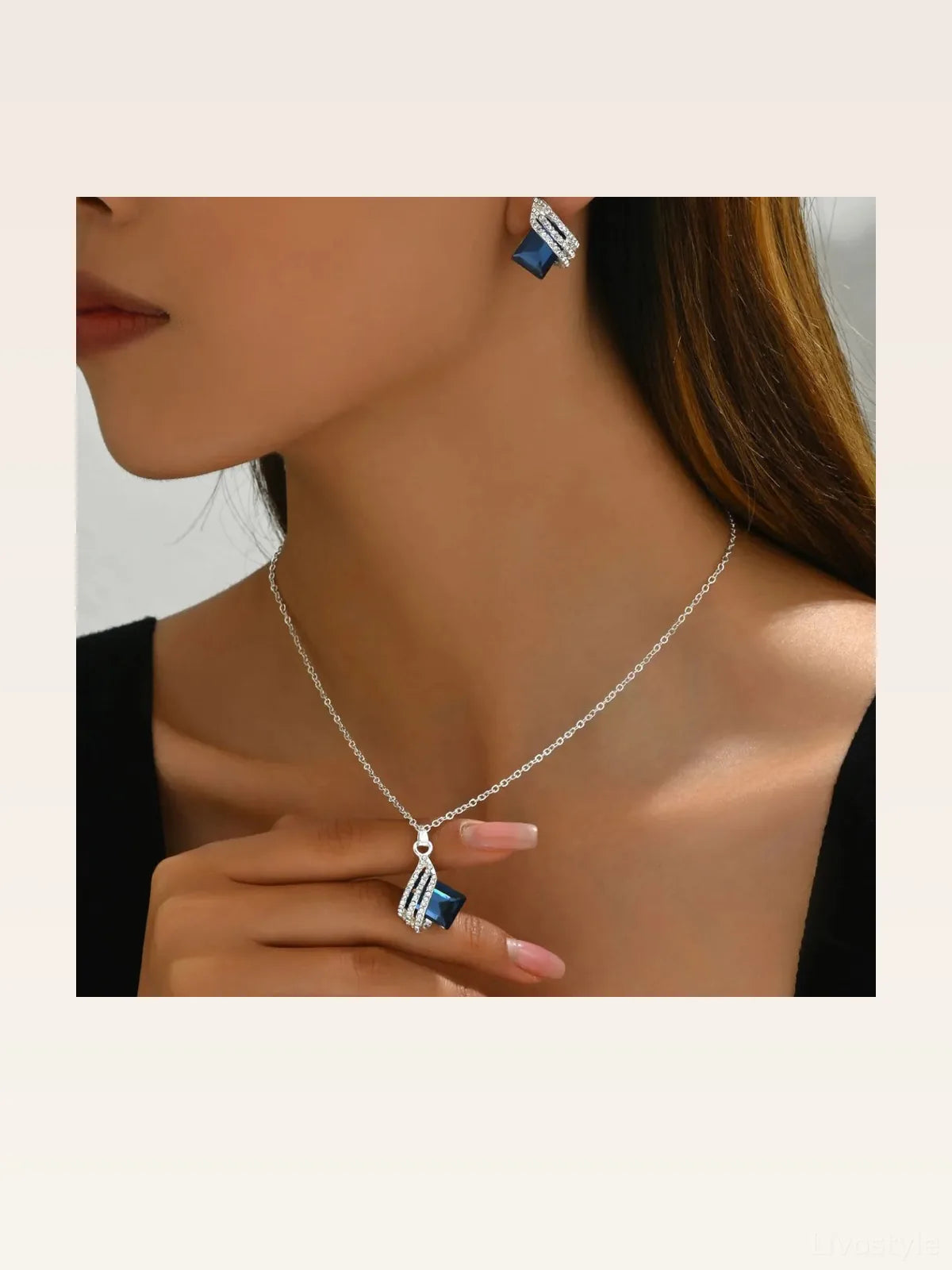 Stainless Steel Crystal Geometric Earrings and Necklace Jewelry Set