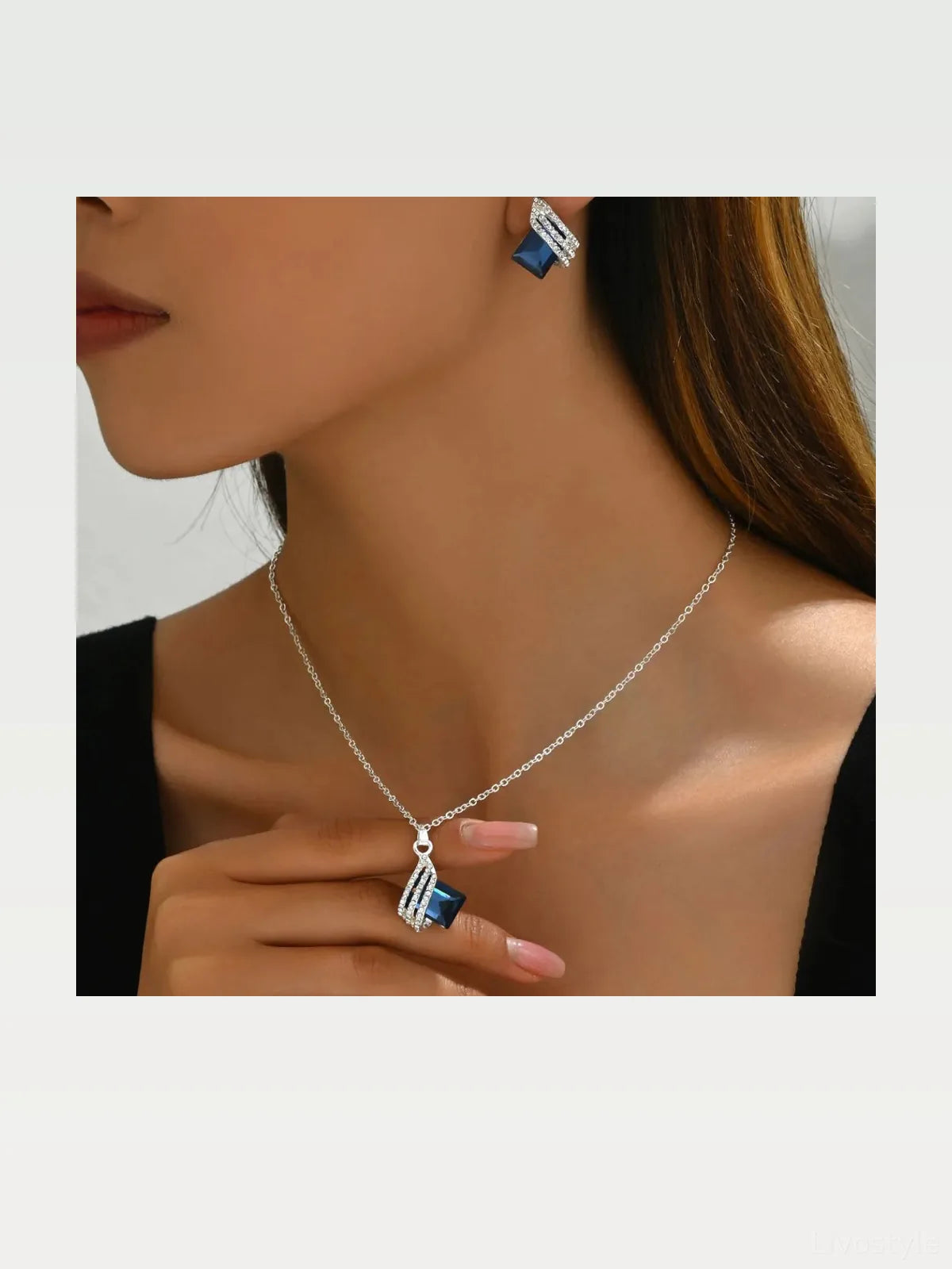 Stainless Steel Crystal Geometric Earrings and Necklace Jewelry Set