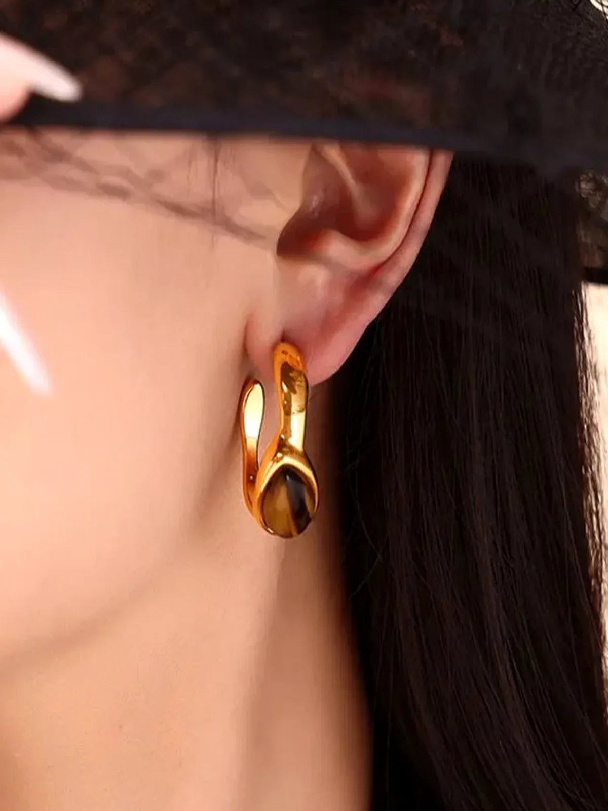 Stainless Steel Natural Tiger's Eye C-Hoop Earrings